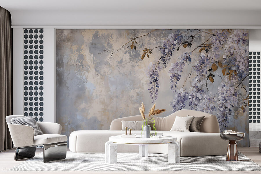 Painting of a branch with purple flowers