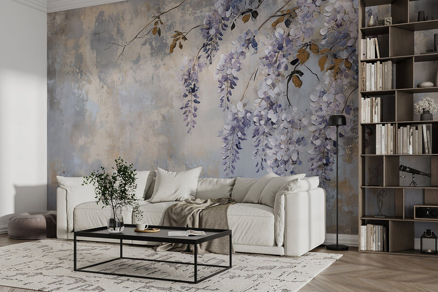Painting of a branch with purple flowers