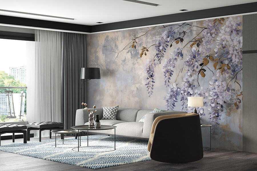 Painting of a branch with purple flowers