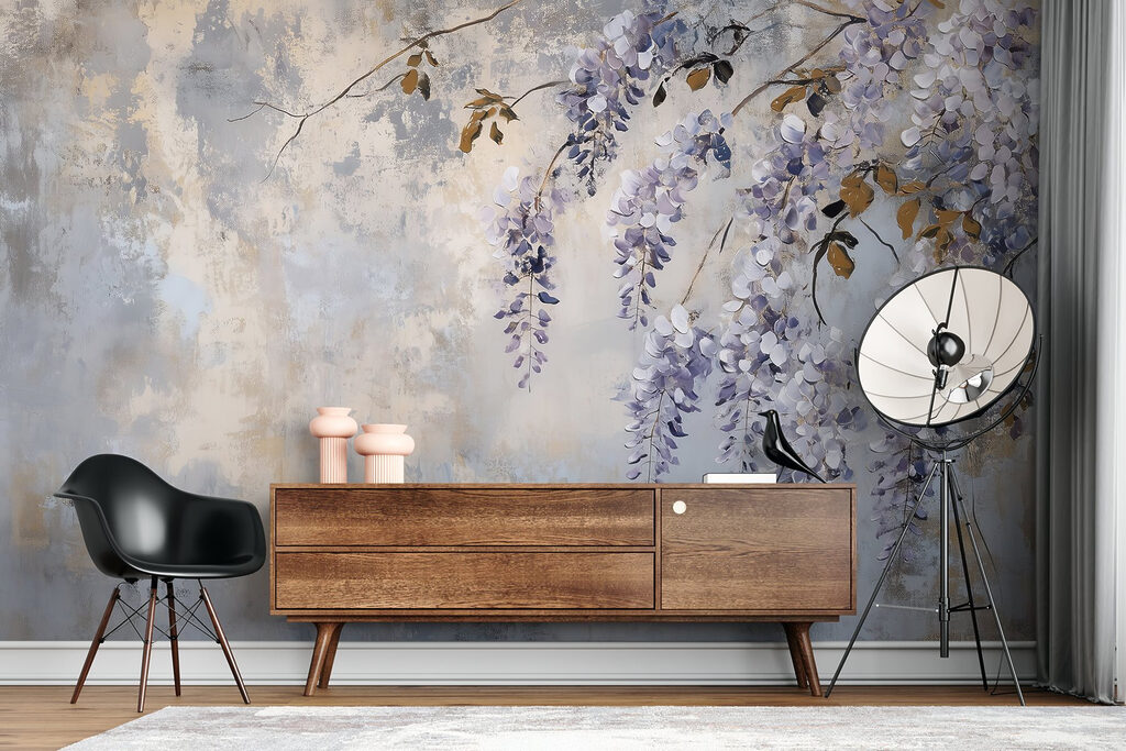 Painting of a branch with purple flowers