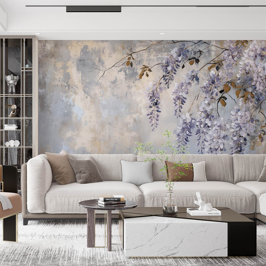 Painting of a branch with purple flowers