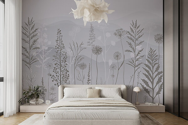 Grey and white background with plants and mountains Grey and white background with plants and mountains
