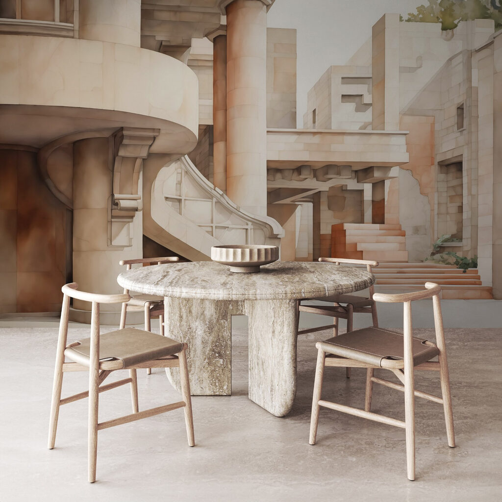 Painting of a building with stairs and steps