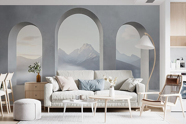 White room with arched windows and mountains in the background White room with arched windows and mountains in the background