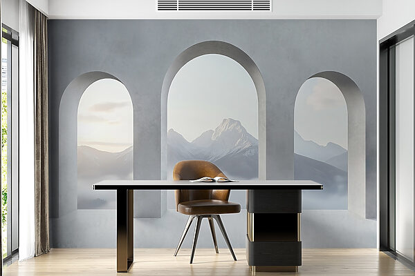White room with arched windows and mountains in the background White room with arched windows and mountains in the background