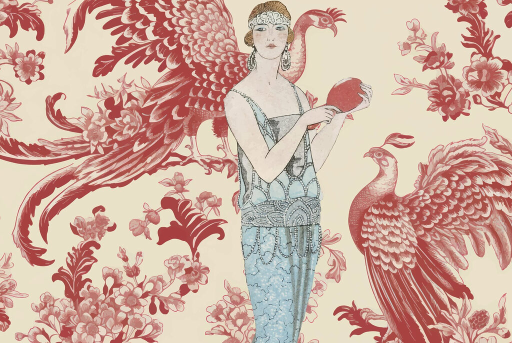 Woman in a blue dress holding a red object Woman in a blue dress holding a red object