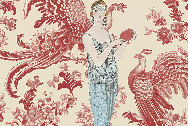 Woman in a blue dress holding a red object Woman in a blue dress holding a red object