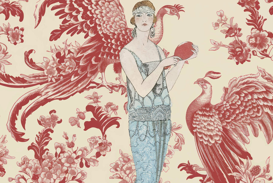 Woman in a blue dress holding a red object