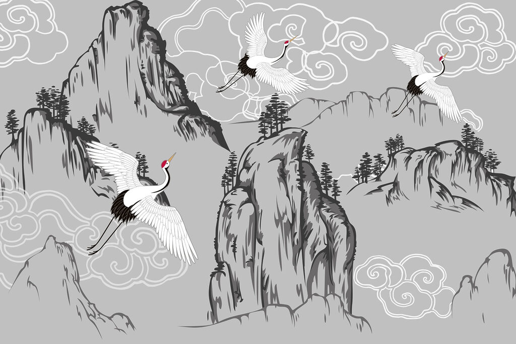 Wallpaper with cranes and mountains
