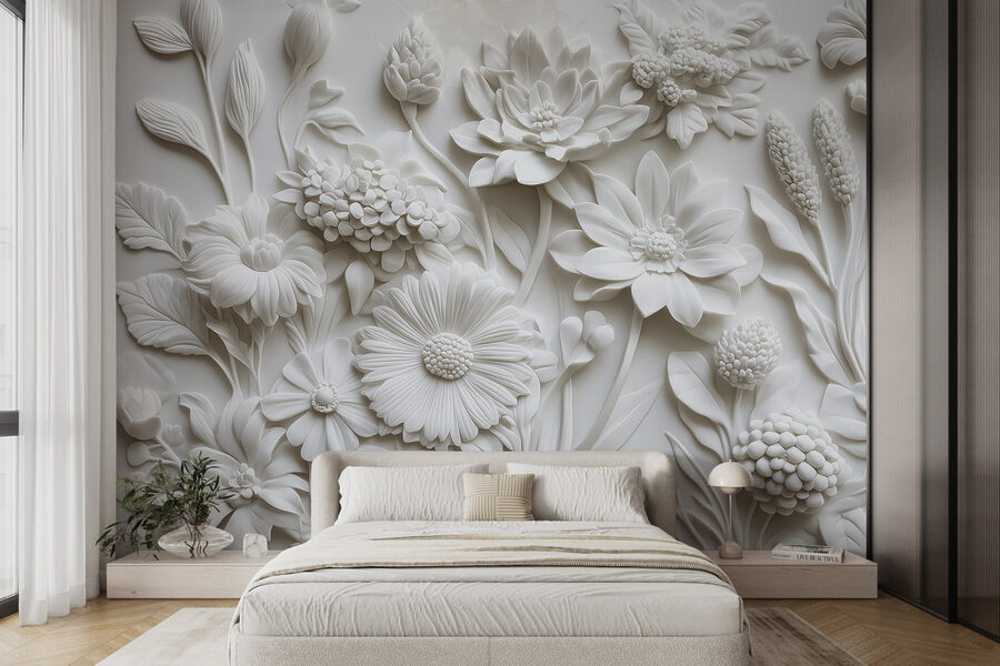 Wall murals White flower sculpture on a white surface - Image 2