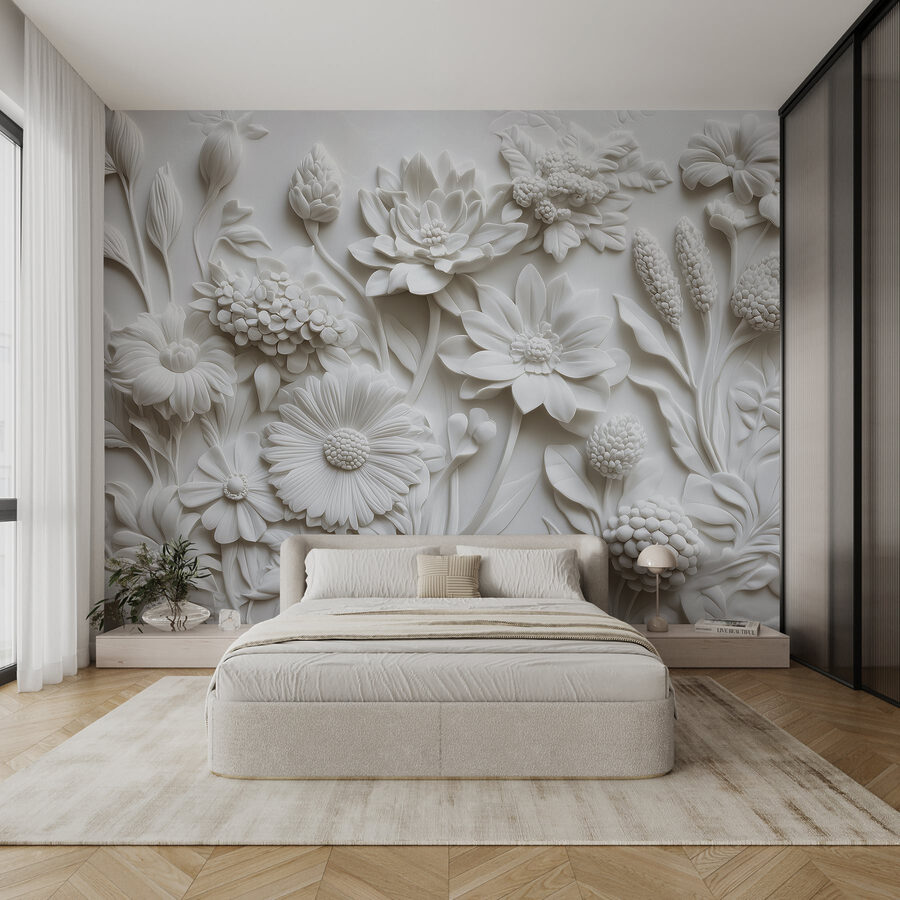 Wall murals White flower sculpture on a white surface - Image 3