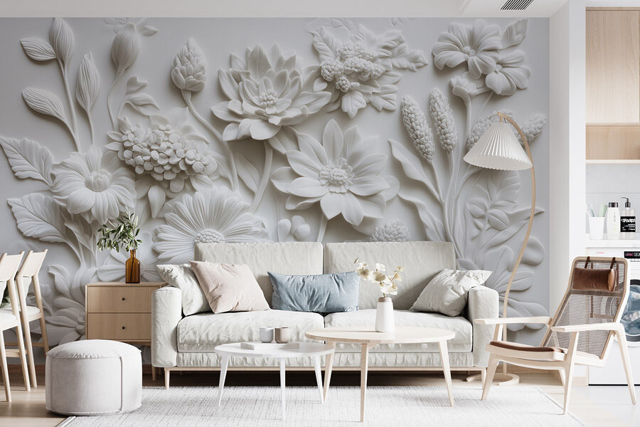 Wall murals White flower sculpture on a white surface - Image 4