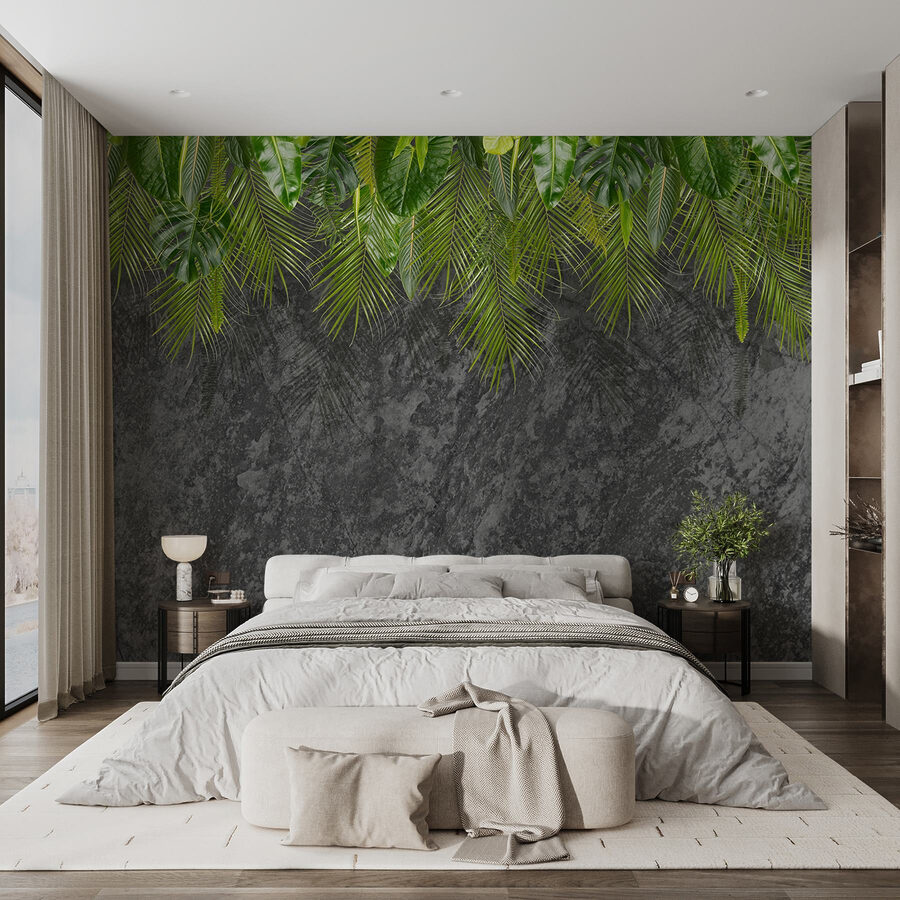 Group of green leaves on a grey background