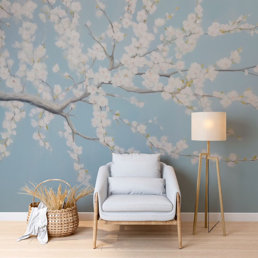 Painting of a tree with white flowers