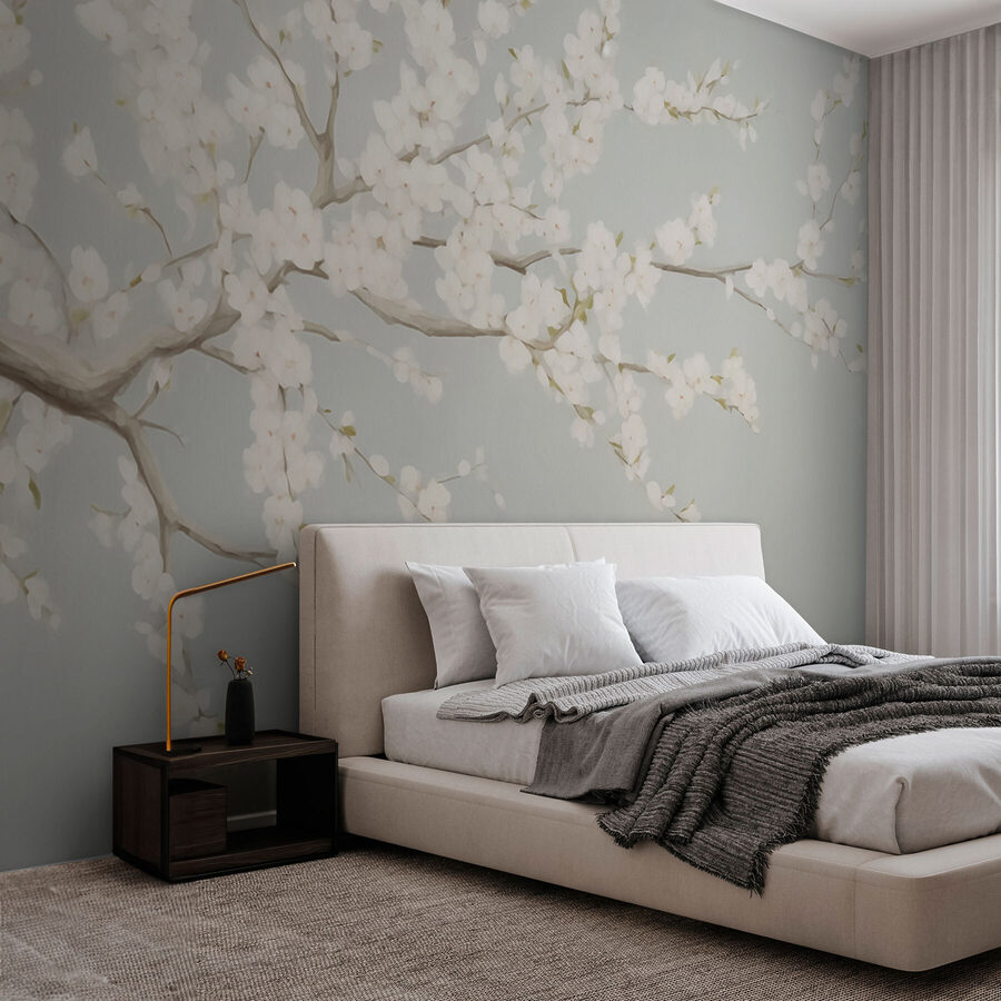 Wall murals Painting of a tree with white flowers - Image 2