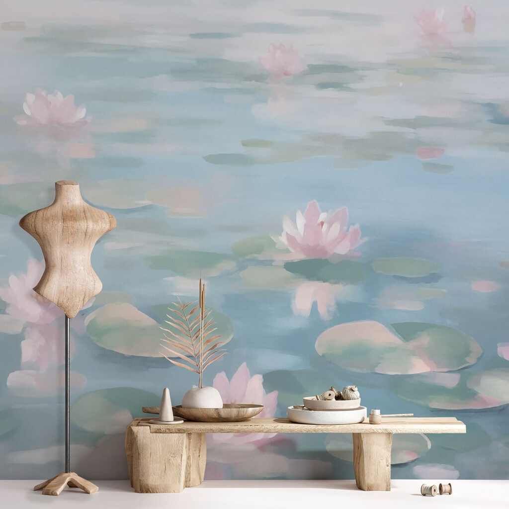 Water with lily pads and pink flowers Water with lily pads and pink flowers