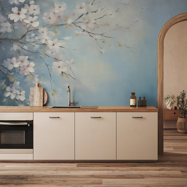 Painting of a tree branch with white flowers