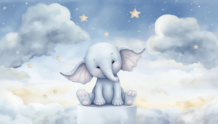 Cartoon of an elephant sitting on a platform