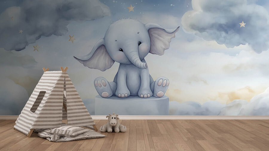 Cartoon of an elephant sitting on a platform