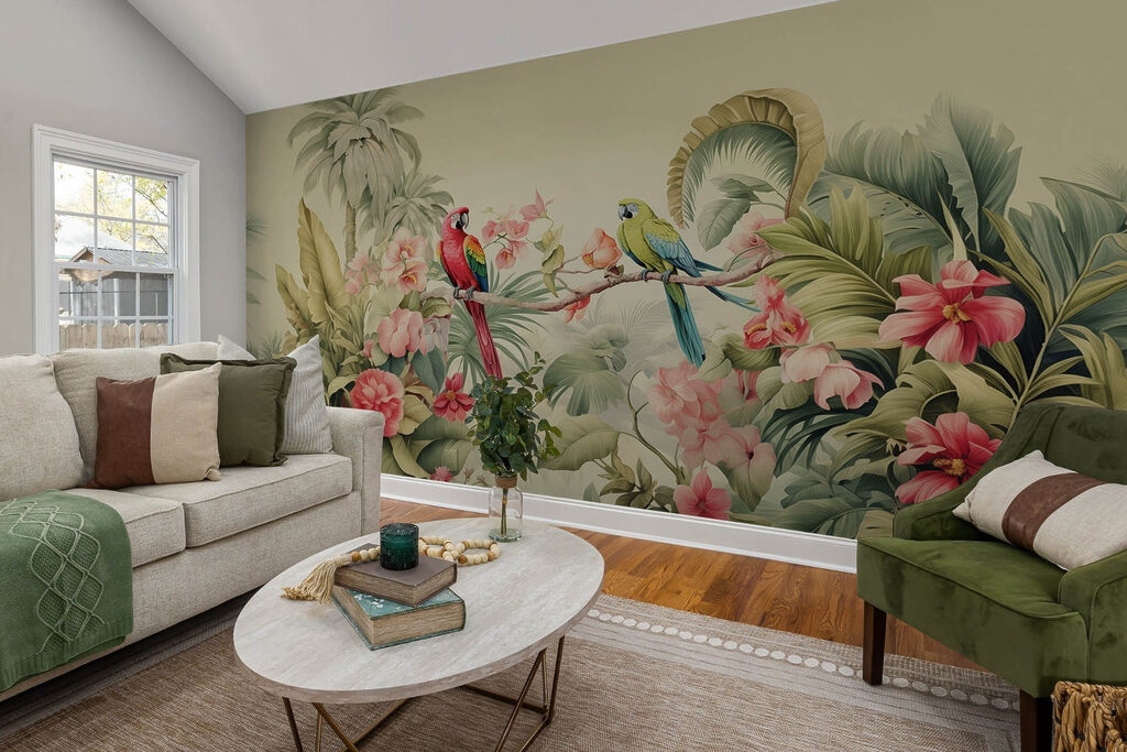 Couple of parrots on a branch with flowers Couple of parrots on a branch with flowers