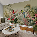 Wall mural Couple of parrots on a branch with flowers