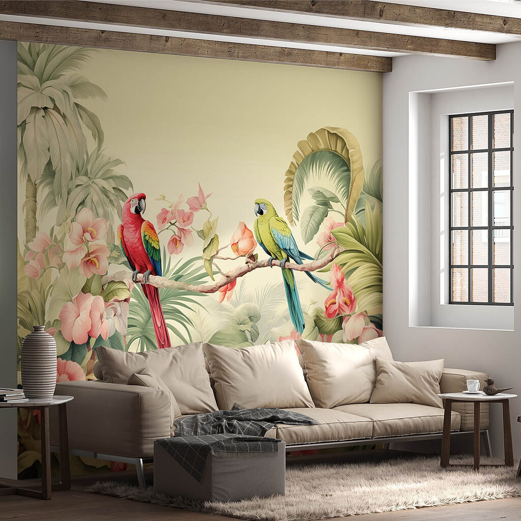 Couple of parrots on a branch with flowers Couple of parrots on a branch with flowers