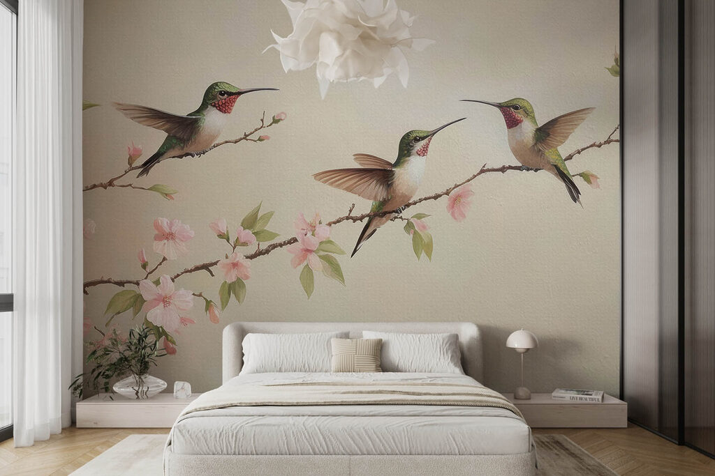 Painting of hummingbirds on a branch with flowers