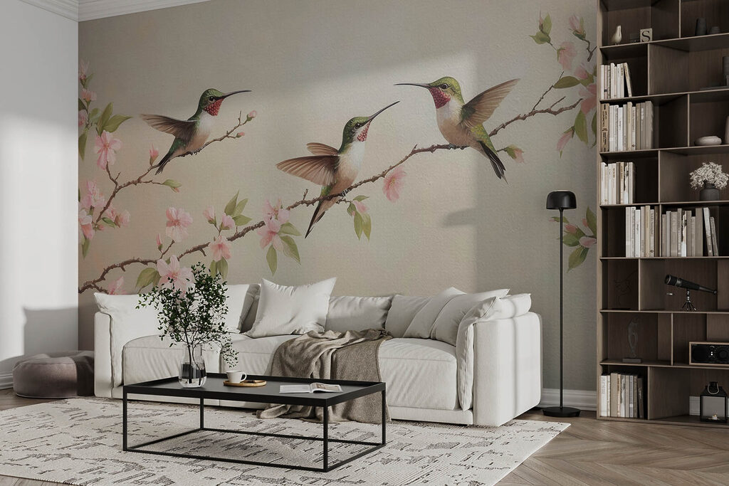 Painting of hummingbirds on a branch with flowers