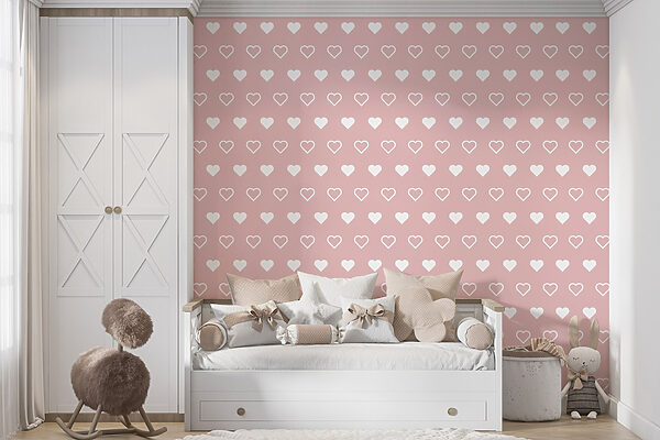 Wall murals Wall murals Pattern of white hearts on a pink background (SKU: w02548)