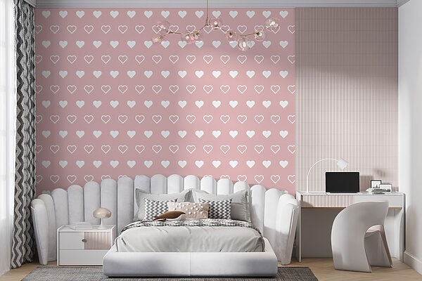 Pattern of white hearts on a pink background