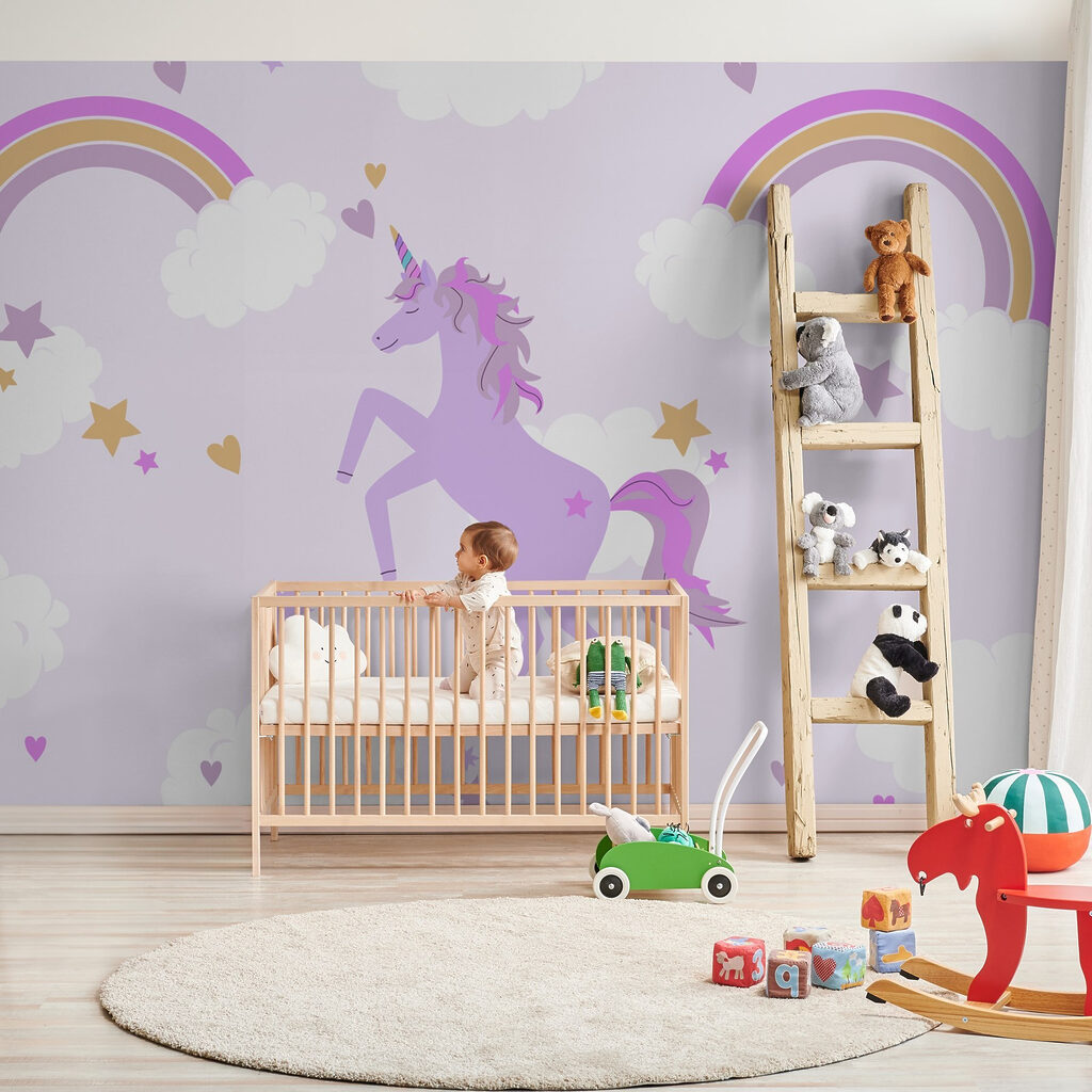 Purple unicorn with stars and rainbows