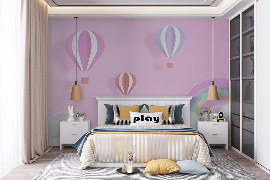 Wall murals Pink background with balloons and a rainbow