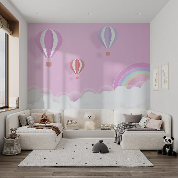 Pink background with balloons and a rainbow Pink background with balloons and a rainbow
