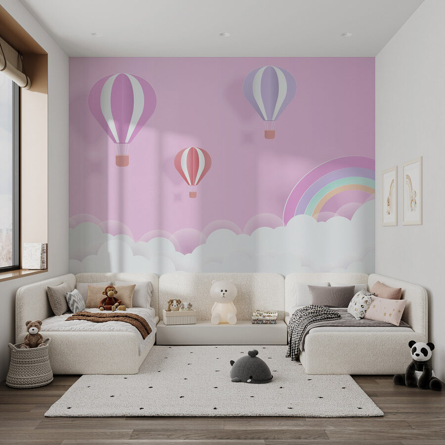 Wall murals Pink background with balloons and a rainbow - Image 2