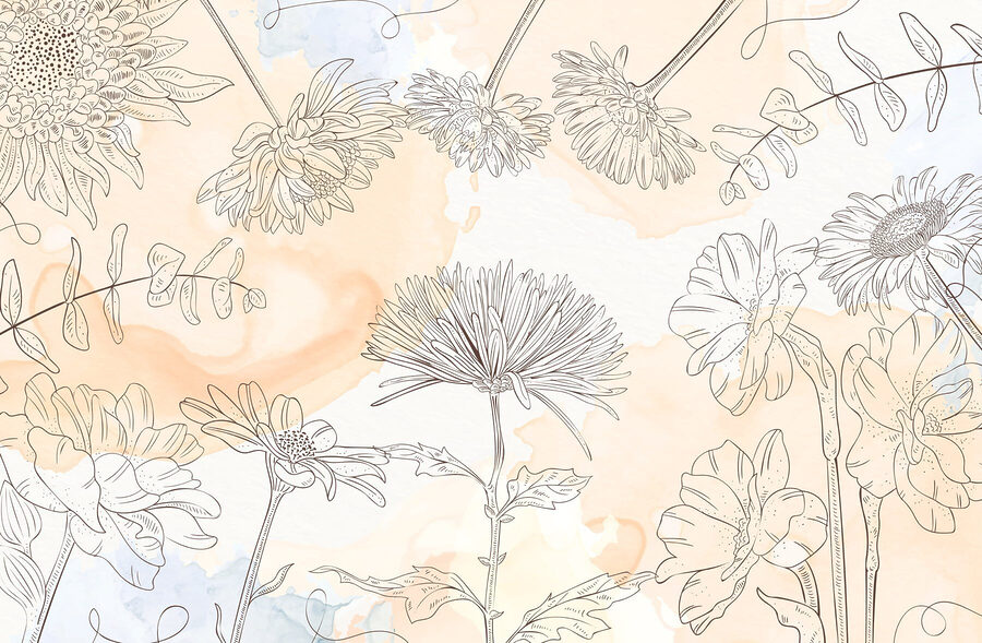 Drawing of flowers on a watercolor background Drawing of flowers on a watercolor background