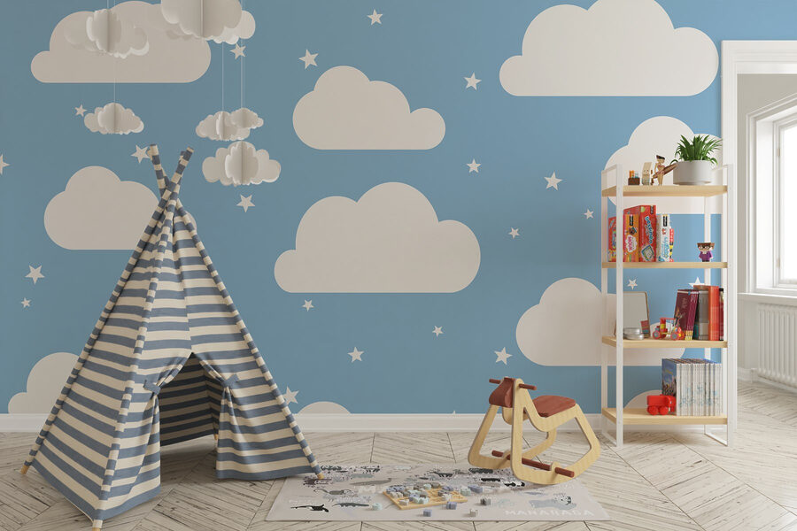 Blue sky with white clouds and stars
