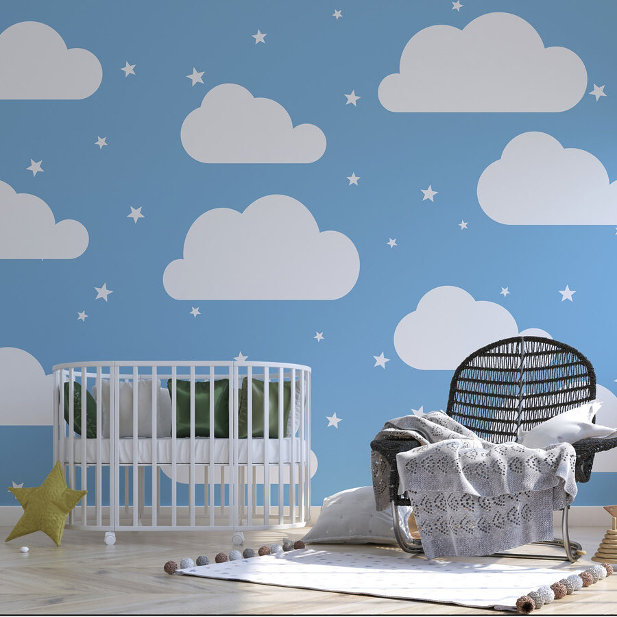 Blue sky with white clouds and stars