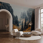 Wall mural Rocky mountains with trees and fog