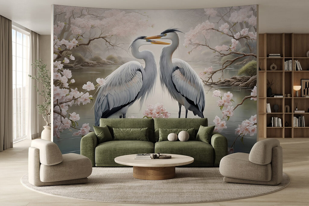 Couple of white birds standing in water with pink flowers Couple of white birds standing in water with pink flowers