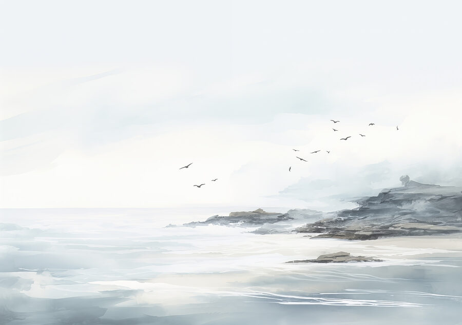 Birds flying over a rocky beach Birds flying over a rocky beach