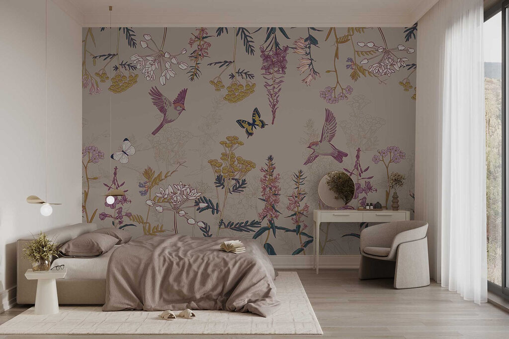 Wallpaper with birds and flowers