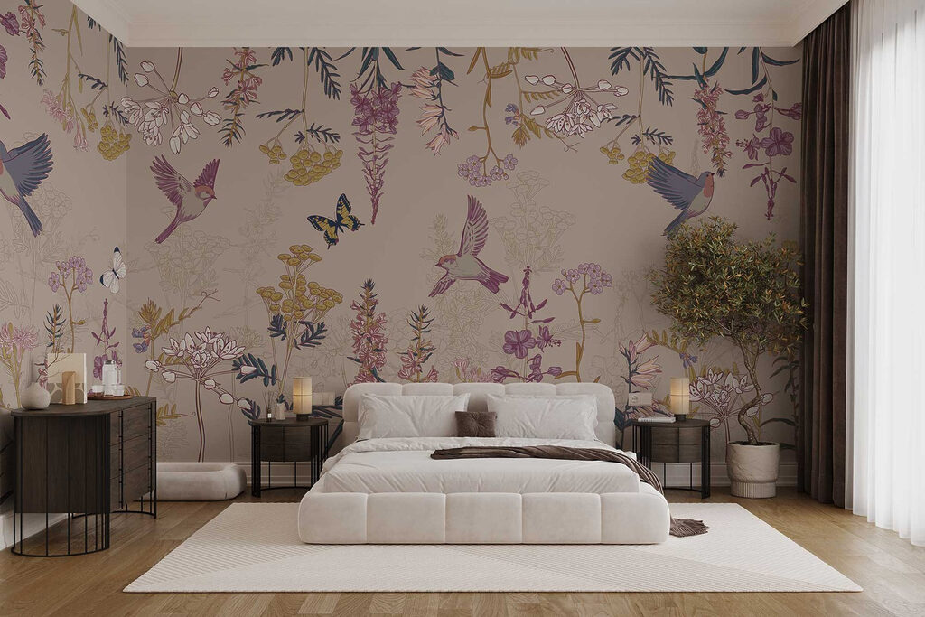 Wallpaper with birds and flowers