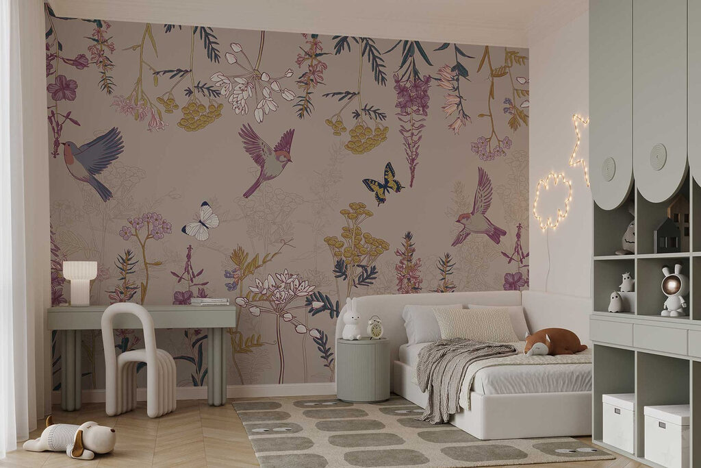 Wallpaper with birds and flowers