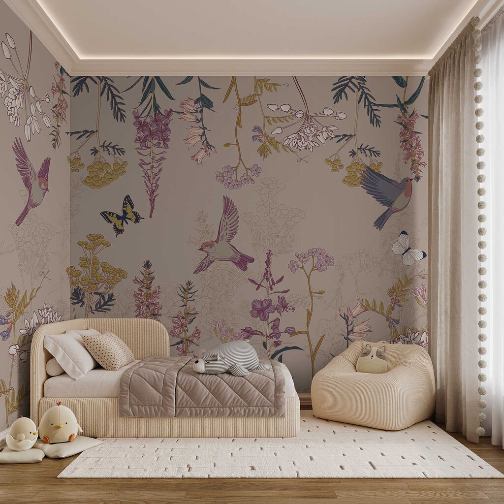 Wallpaper with birds and flowers