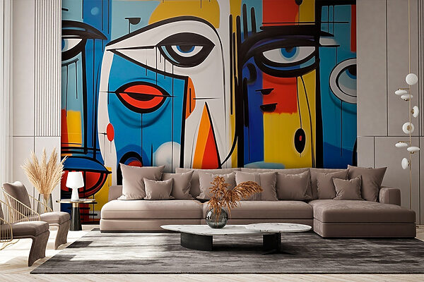 Colorful art piece with different faces Colorful art piece with different faces