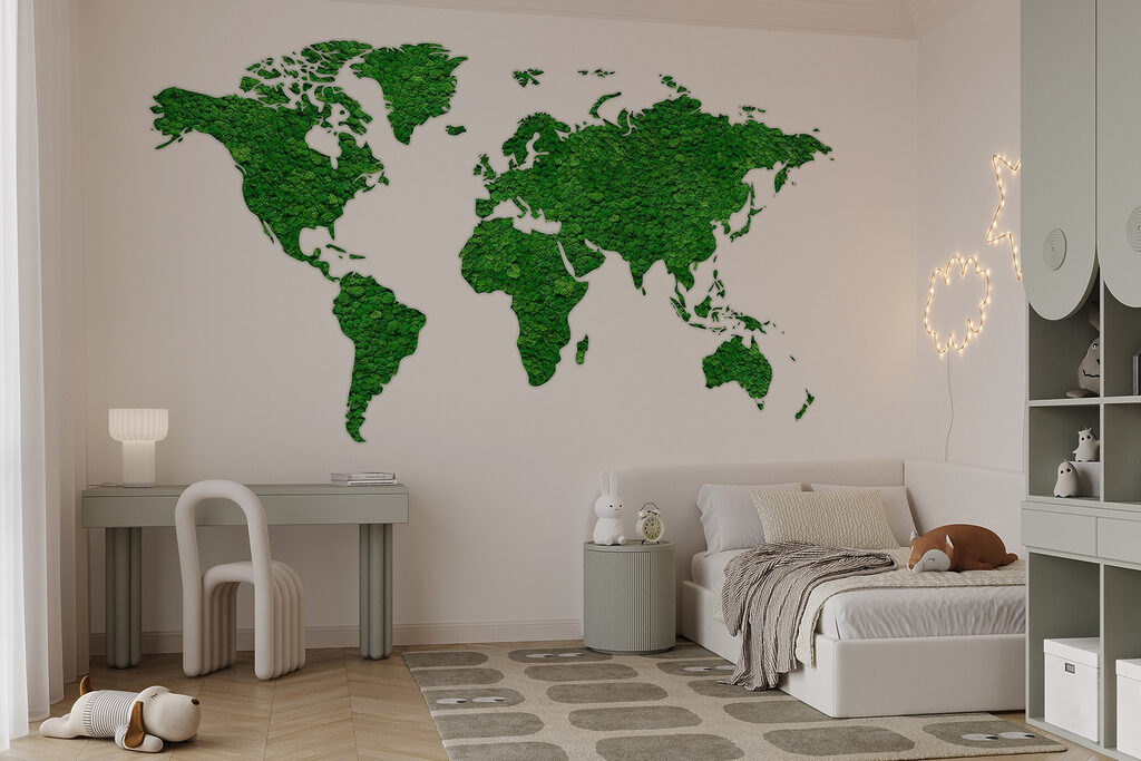 Map of the world made of green plants