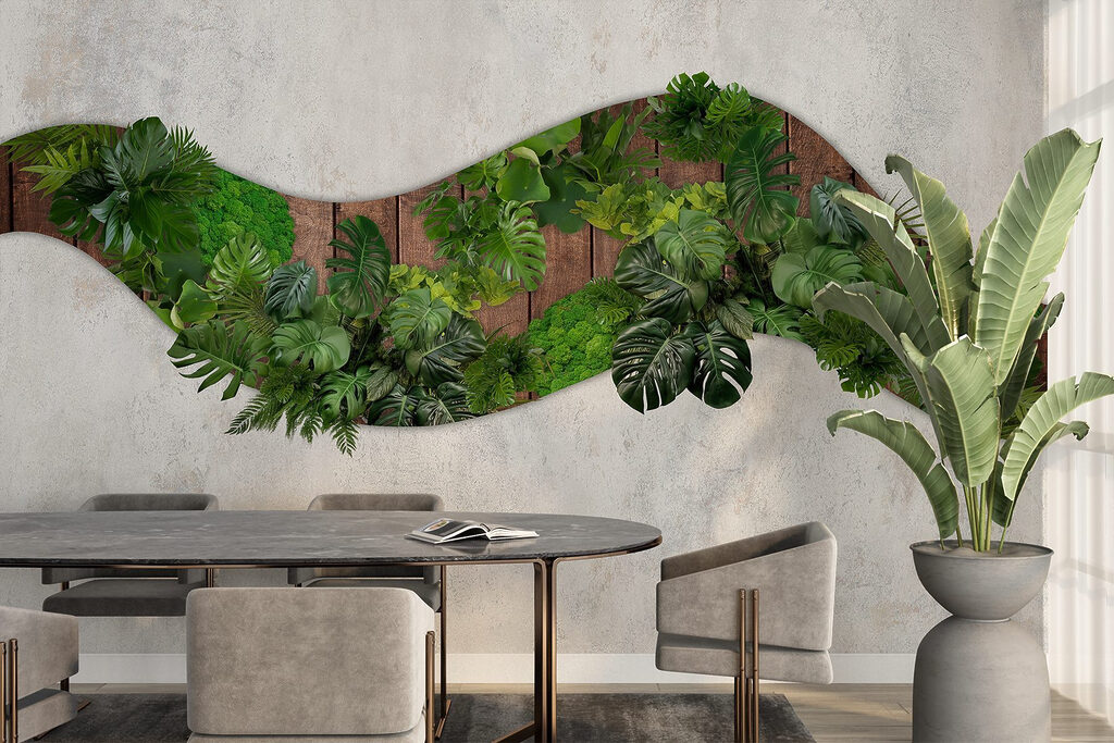 Green leaves on a wooden surface