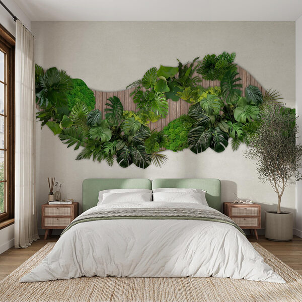 Wall murals Group of green leaves on a wooden surface (SKU: w02717) Wall murals Wall murals Group of green leaves on a wooden surface (SKU: w02717)
