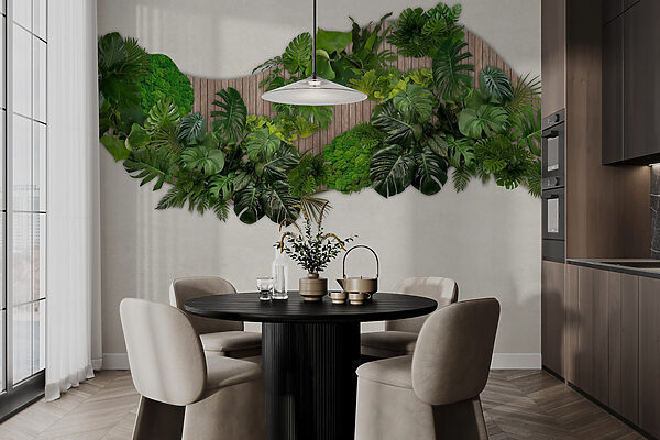 Group of green leaves on a wooden surface