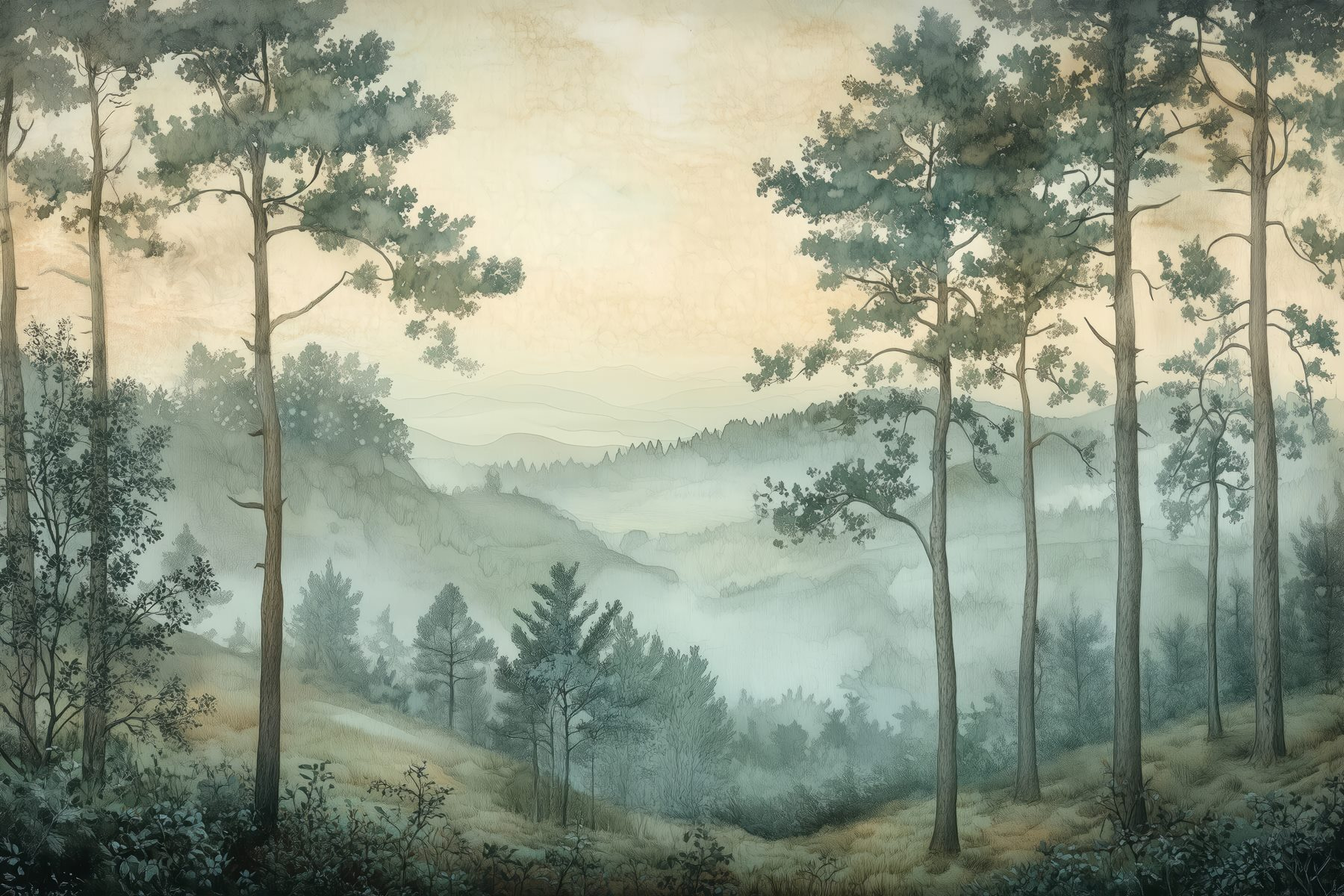 Painting of a forest with fog